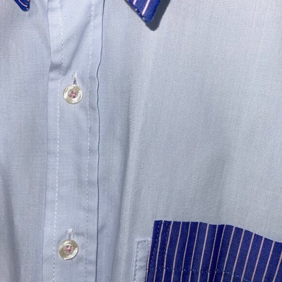Oleg Cassini Skinny Shirt XL Mens Vintage Cotton Blue Pink Striped Pocket Collar - Picture 8 of 12